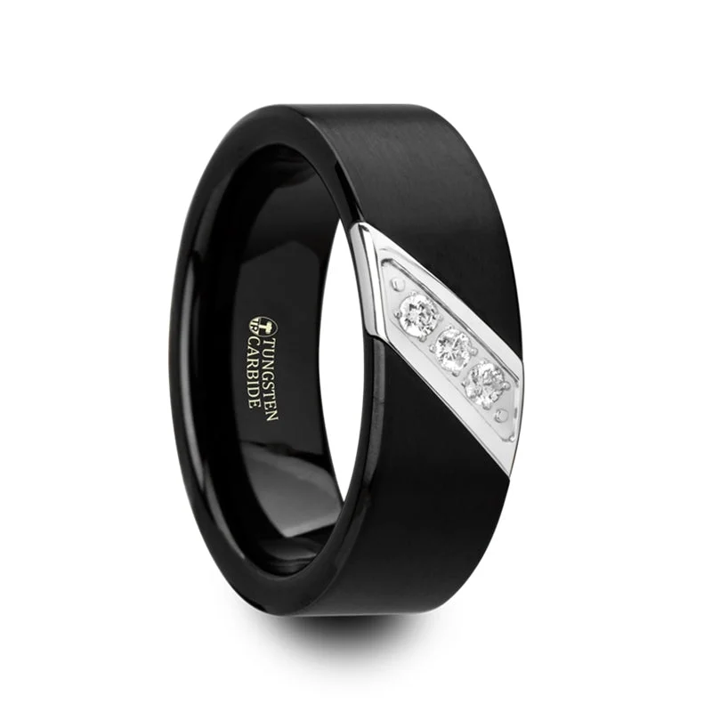 Rings Vibe Hacks-Black Tungsten Wedding Band with Triple Diagonal Diamonds