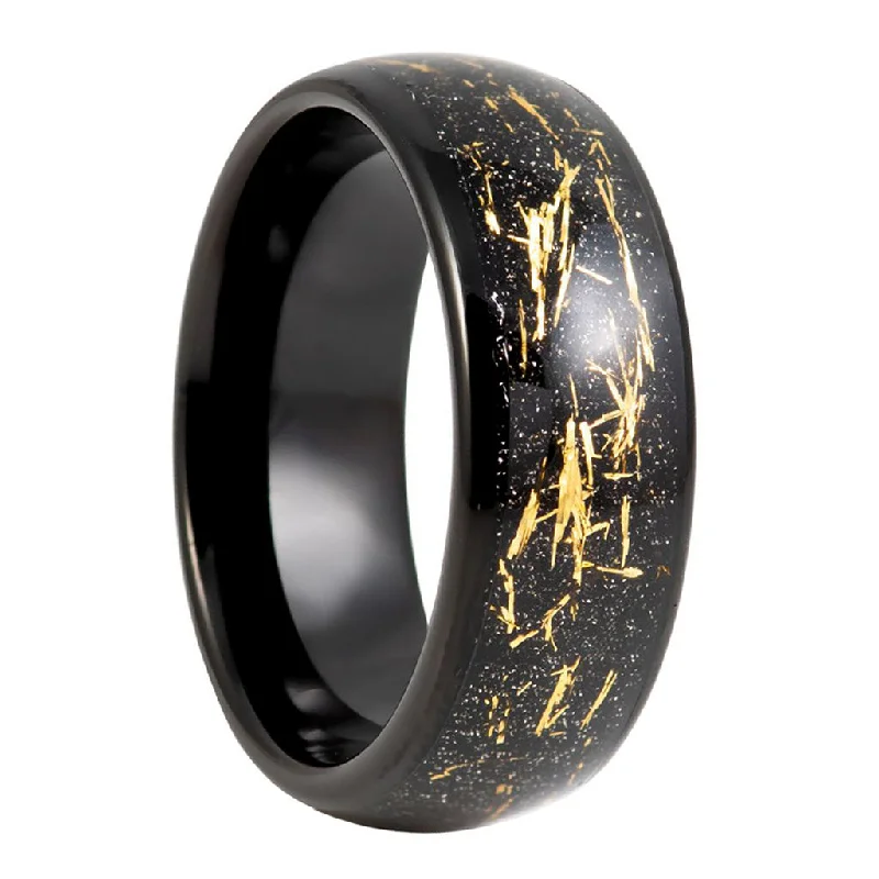 Rings Comfort Hacks-Meteorite Inspired Gold & Black Tungsten Men's Wedding Band