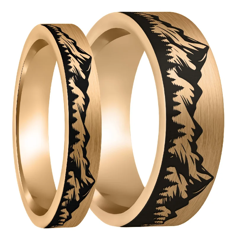 Rings For Icy Mornings-Mountain Range Forest Brushed Rose Gold Tungsten Couple's Matching Wedding Band Set