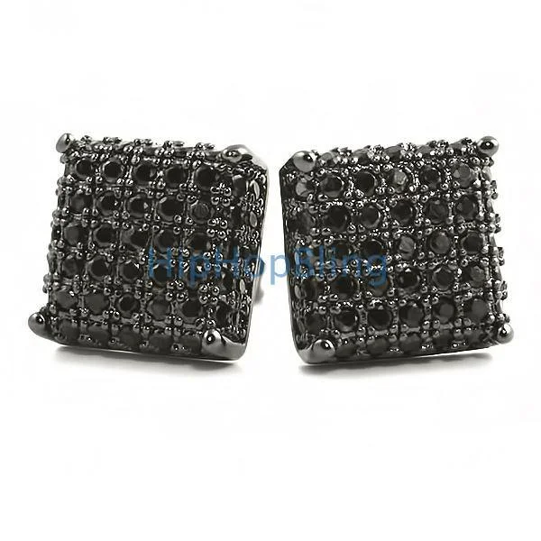 Earrings For Dense Wear-3D Square Black CZ Bling Bling Earrings