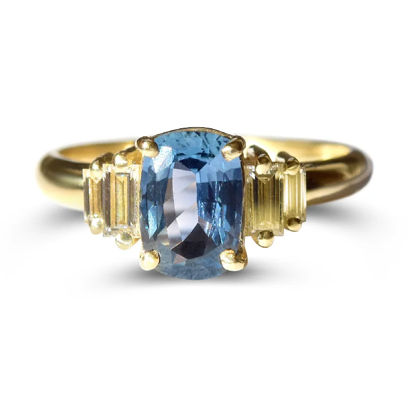 Rings Flash Discounts-Icelandic Lake Ring - Cushion Cut Blue Sapphire with Baguette Diamond Sidestones in 14k Yellow Gold