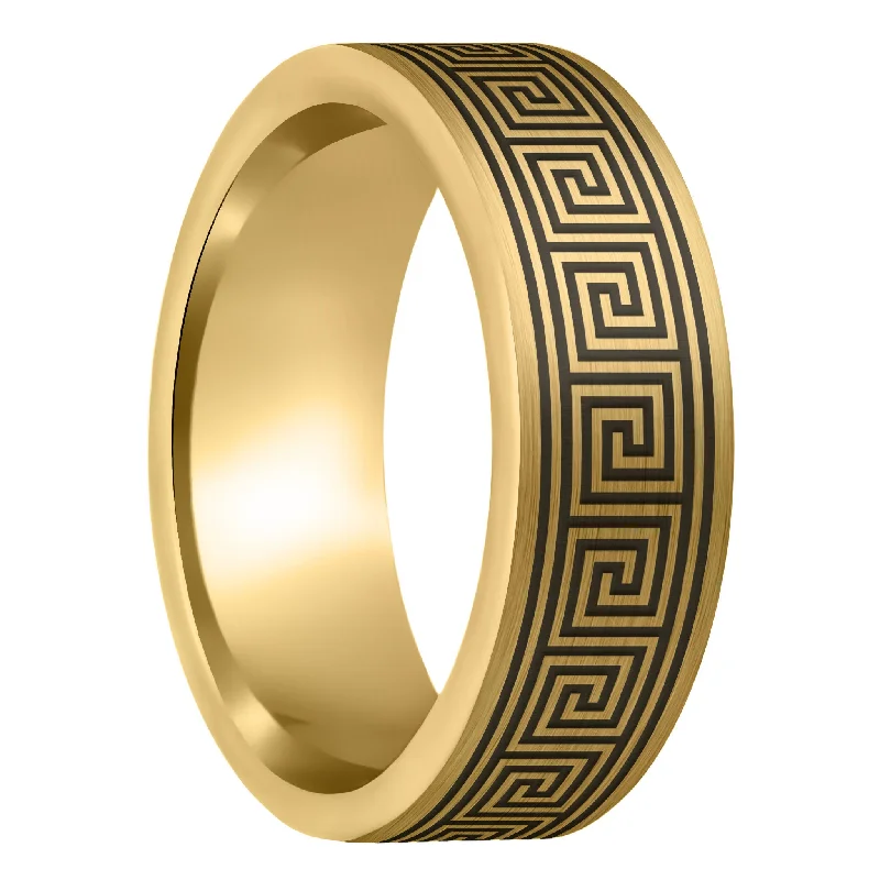 Rings For Sprawling Palms-Greek Key Brushed Gold Tungsten Men's Wedding Band