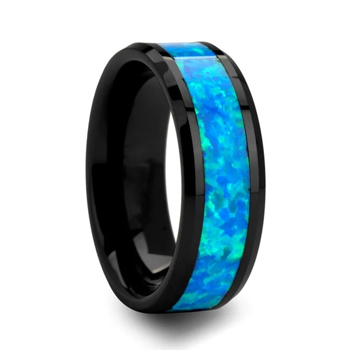 Rings Brilliance Hacks-Black Ceramic Wedding Band with Blue & Green Opal Inlay