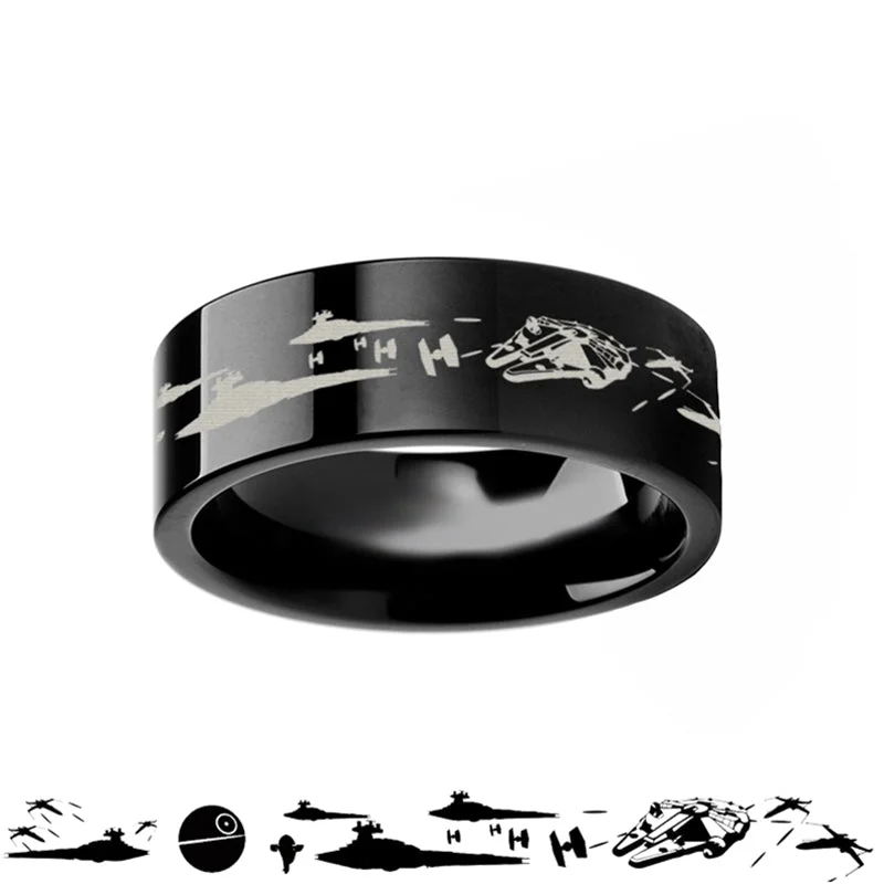 Rings Renewal Tips-Star Wars Battle Scene Black Tungsten Wedding Band