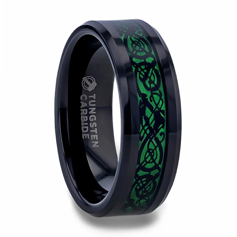 Find Rings For Savvy Shoppers-Black Tungsten Men's Wedding Band with Green Celtic Dragon Inlay