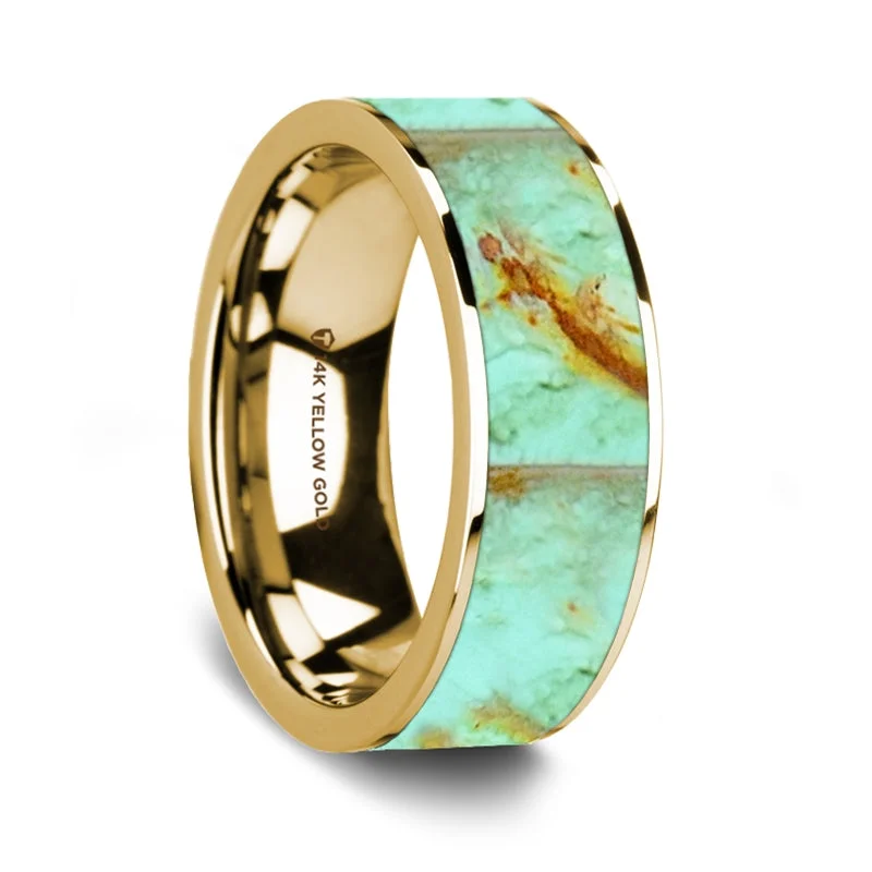 Best Modern Rings-Turquoise Inlay 14k Yellow Gold Men's Wedding Band