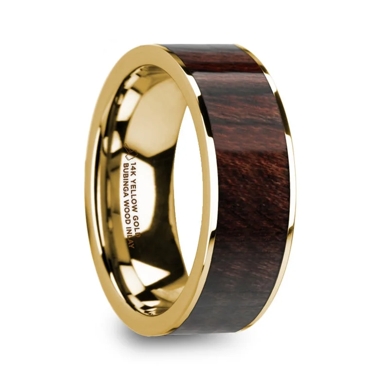 Rings For Dynamic Flair-Bubinga Wood Inlay 14k Yellow Gold Men's Wedding Band