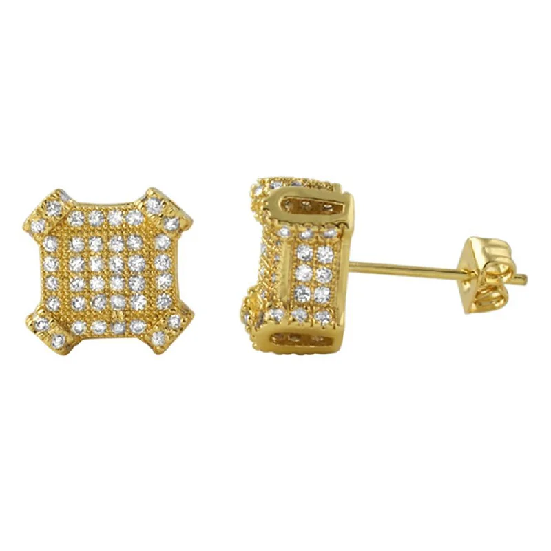 Earrings For Hot Looks-3D Edgy Box Gold CZ Bling Bling Earrings