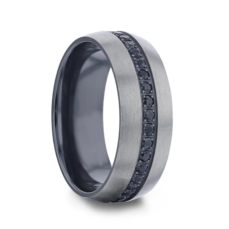 Rings For Sculpted Gems-Brushed Titanium Men's Wedding Band with Black Sapphires