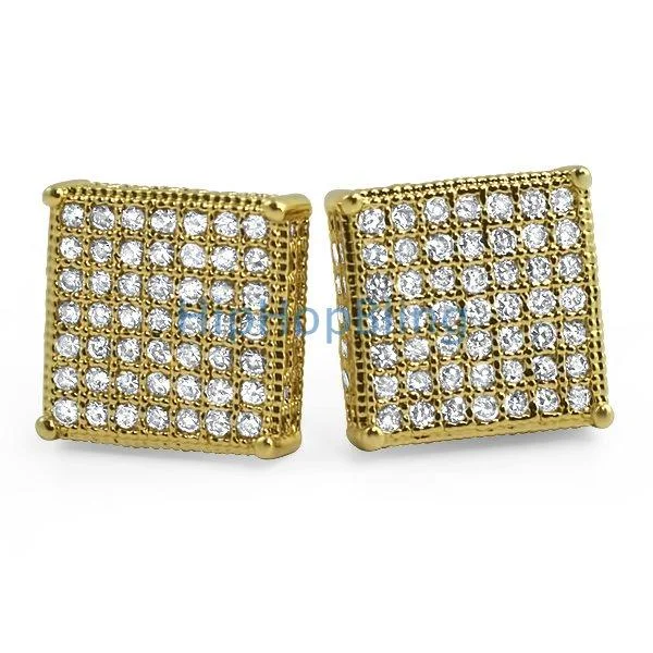 Earrings Wear Ease-3D Box XL Gold CZ Micro Pave Bling Earrings