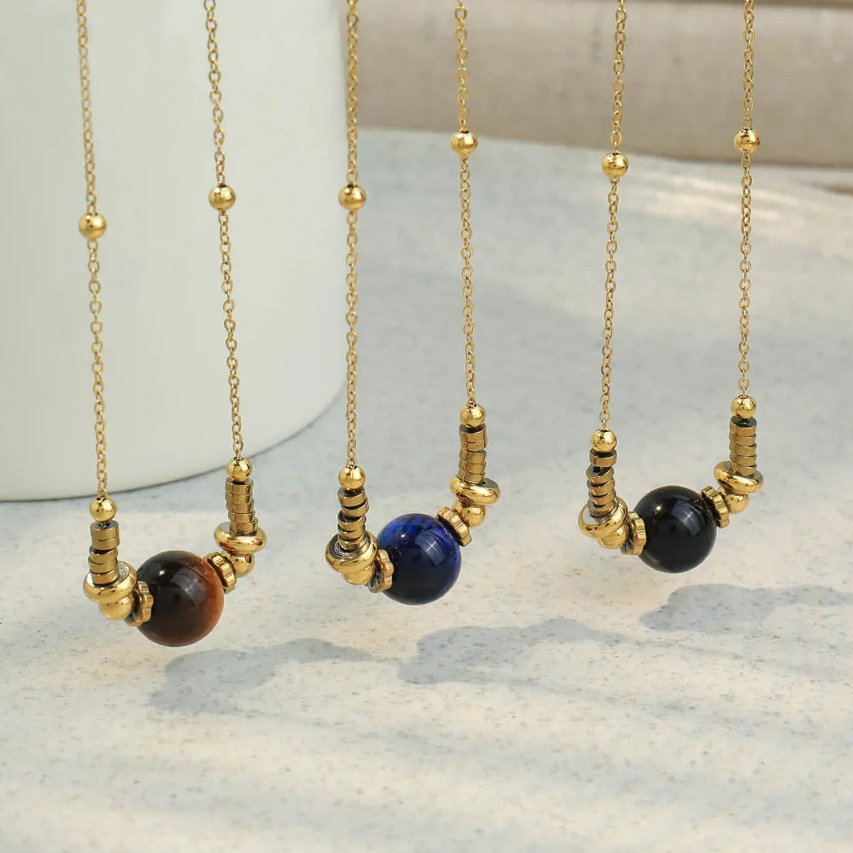 Super Bold Necklaces-Retro Simple Style Round Stainless Steel Natural Stone Beaded Handmade Necklace