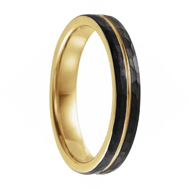 Rings For Fine Shine-Hammered Black Tungsten Wedding Band with Yellow Gold Groove & Interior