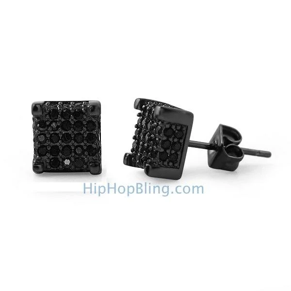 Earrings For Thin Jaws-Custom 3D Cube Black Micro Pave CZ Ice Earrings