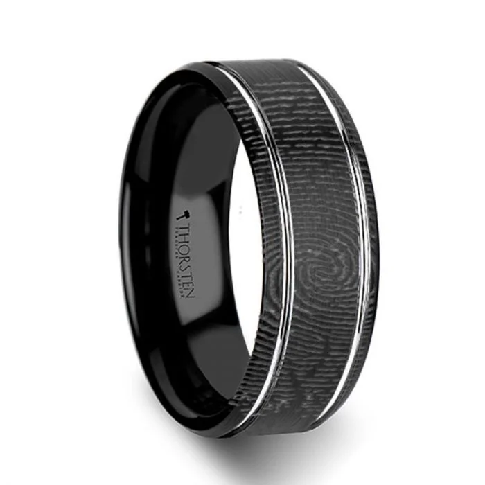 Rings For Matte Metals-Custom Fingerprint Engraved Black Tungsten Ring