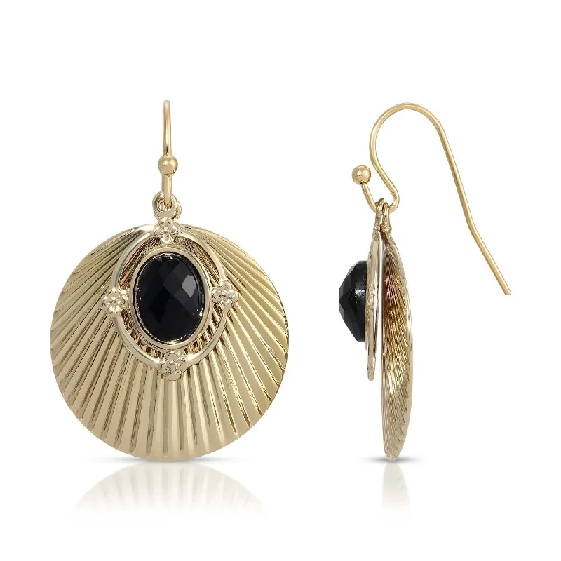 Earrings For Hike Days-1928 Jewelry Gold Corrugated Shell & Oval Black Oval Stone Drop Earrings