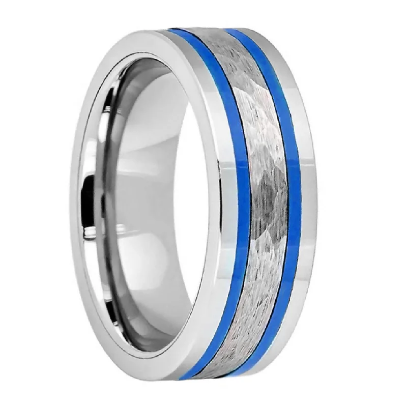 Rings For Braided Bands-Hammered Tungsten Men's Wedding Band with Dual Blue Stripes