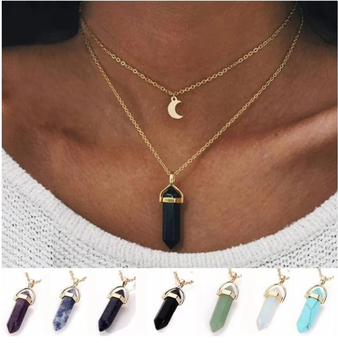 Necklaces For Lake Days-Fashion Double Moon Moon Crescent Bullet Spirit Pendulum Necklace Nhpj147999