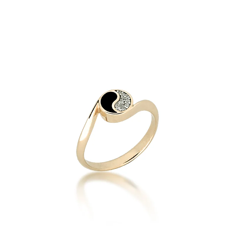 Rings For Tranquil Evenings-Yin Yang Black Coral Ring in Gold with Diamonds - 7.5mm