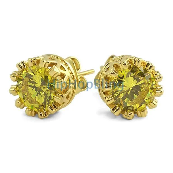 Earrings For Full Locks-Gold Crown Round Canary CZ Bling Bling Earrings