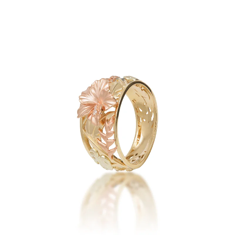 Rings Patina Styles-Hawaiian Gardens Hibiscus Ring in Tri Color Gold with Diamonds - 12mm