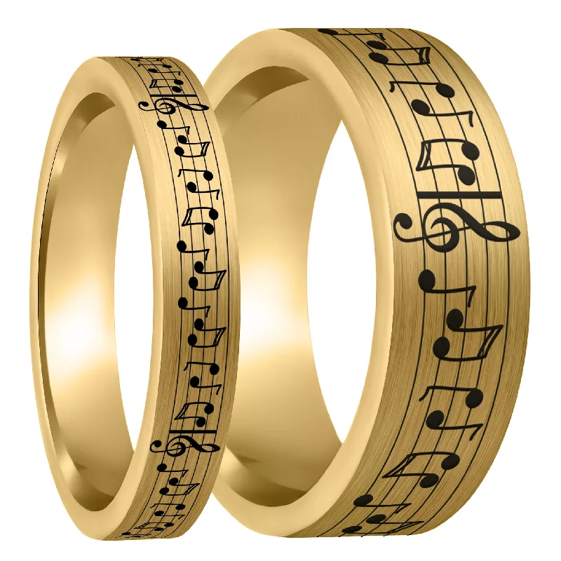 Rings With Mosaic Patterns-Custom Song Music Notes Brushed Gold Tungsten Couple's Matching Ring Set