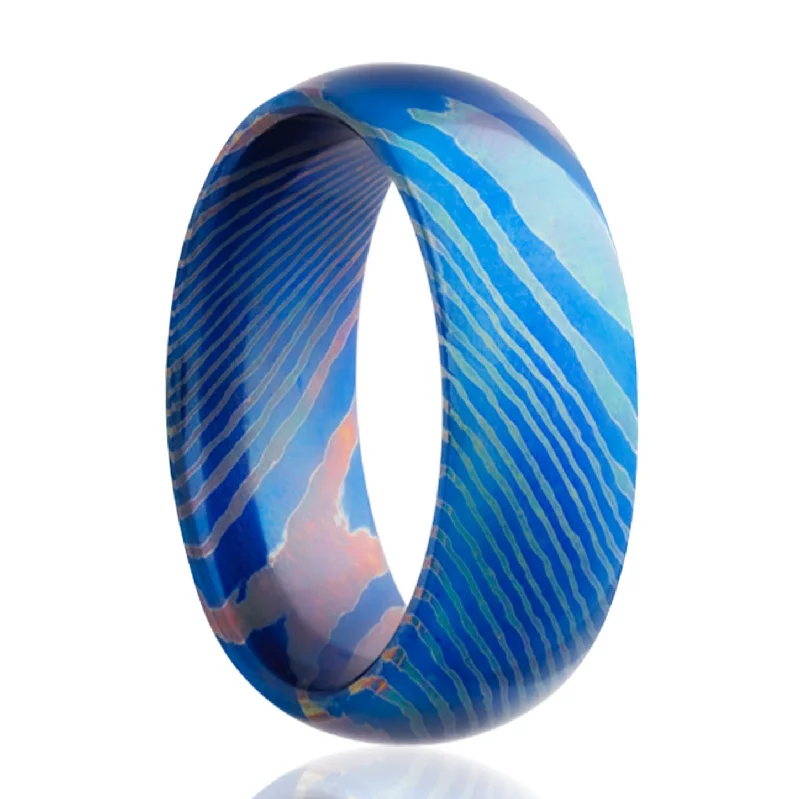 Rings For Fringe Flair-Blue Domed Mokume Gane Style Titanium Men's Wedding Band