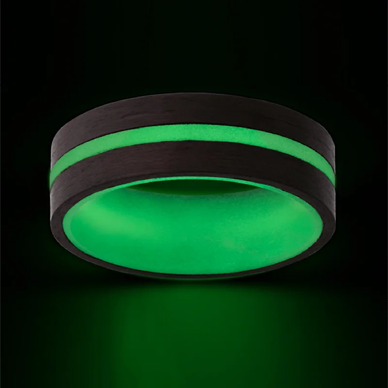 Rings For Festival Beats-Grooved Glow in the Dark Green Carbon Fiber Wedding Band