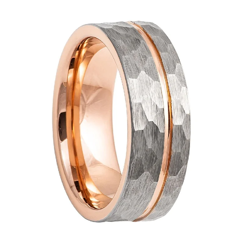 Rings Forging Tales-Hammered Tungsten Men's Wedding Band with Rose Gold Groove and Interior