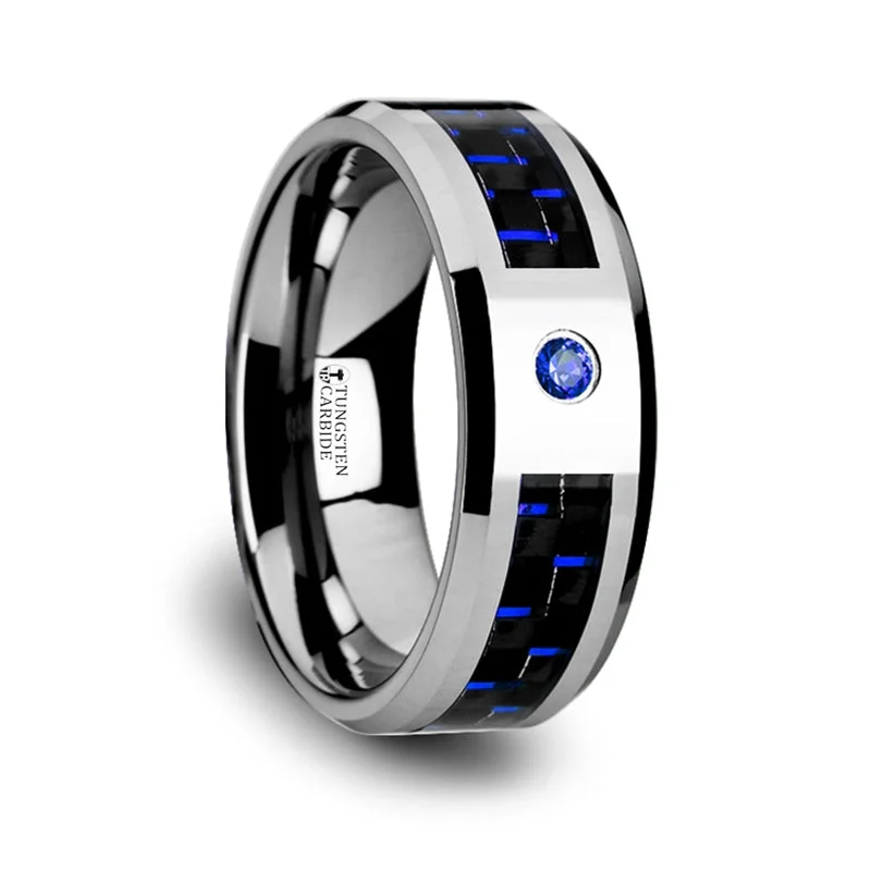 Rings For Artisan Gifts-Tungsten Men's Wedding Band with Black & Blue Carbon Fiber and Sapphire