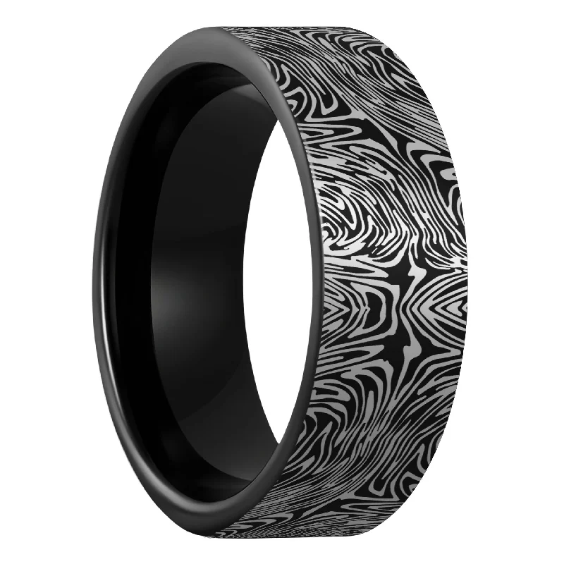 Rings Brilliance Tests-Damascus Steel Pattern Engraved Black Tungsten Men's Wedding Band