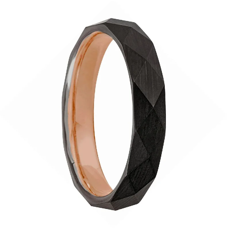 Rings Gauge Insights-Faceted Black Tungsten Wedding Band with Rose Gold Interior