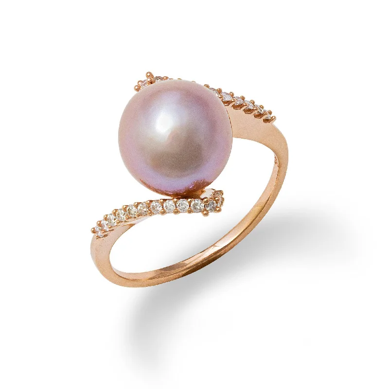 Rings For Curious Teens-Lavender Freshwater Pearl Ring in Rose Gold with Diamonds - 9-10mm