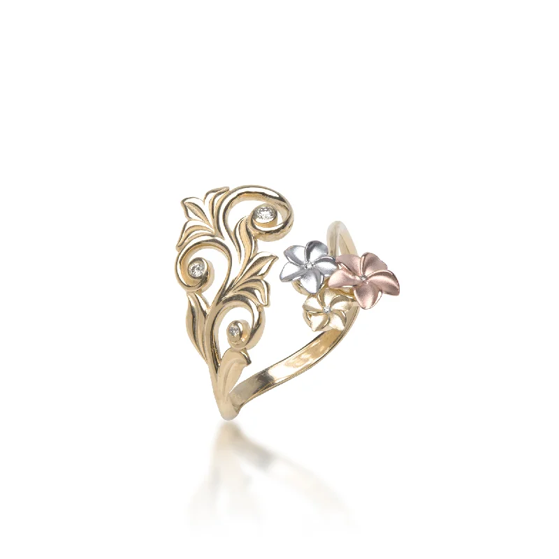 Elite Rings For Quiet Confidence-Living Heirloom Plumeria Ring in Tri Color Gold with Diamonds