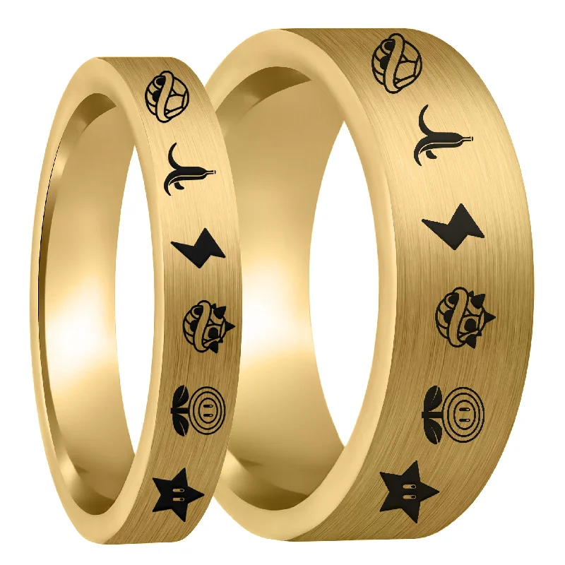 Rings For Icy Mornings-Mario Kart Items Brushed Gold Tungsten Couple's Matching Wedding Band Set