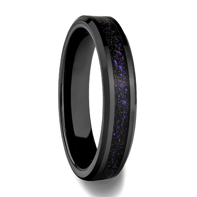 Rings Forging Tales-Black Ceramic Women's Wedding Band with Purple Galaxy Goldstone Inlay