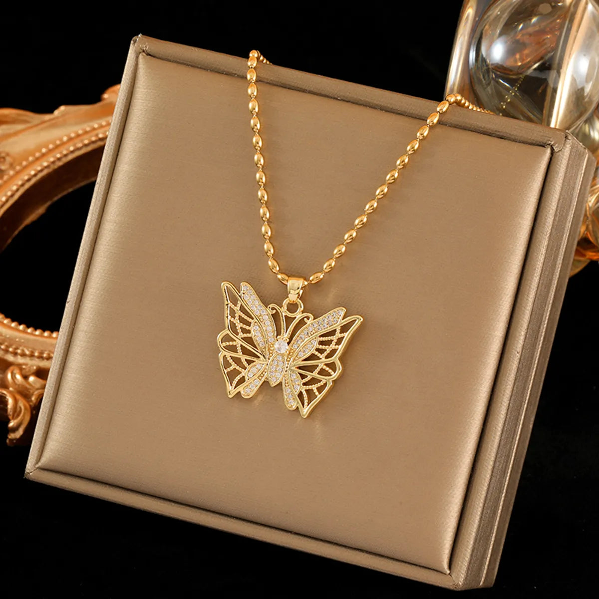 Necklaces For Dance Events-Stainless Steel Titanium Steel 18K Gold Plated IG Style Simple Style Shiny Butterfly Hollow Out Inlay Zircon Pendant Necklace