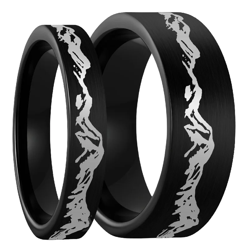 Rings For Radiant Glow-Mountain Range Brushed Black Tungsten Couple's Matching Wedding Band Set