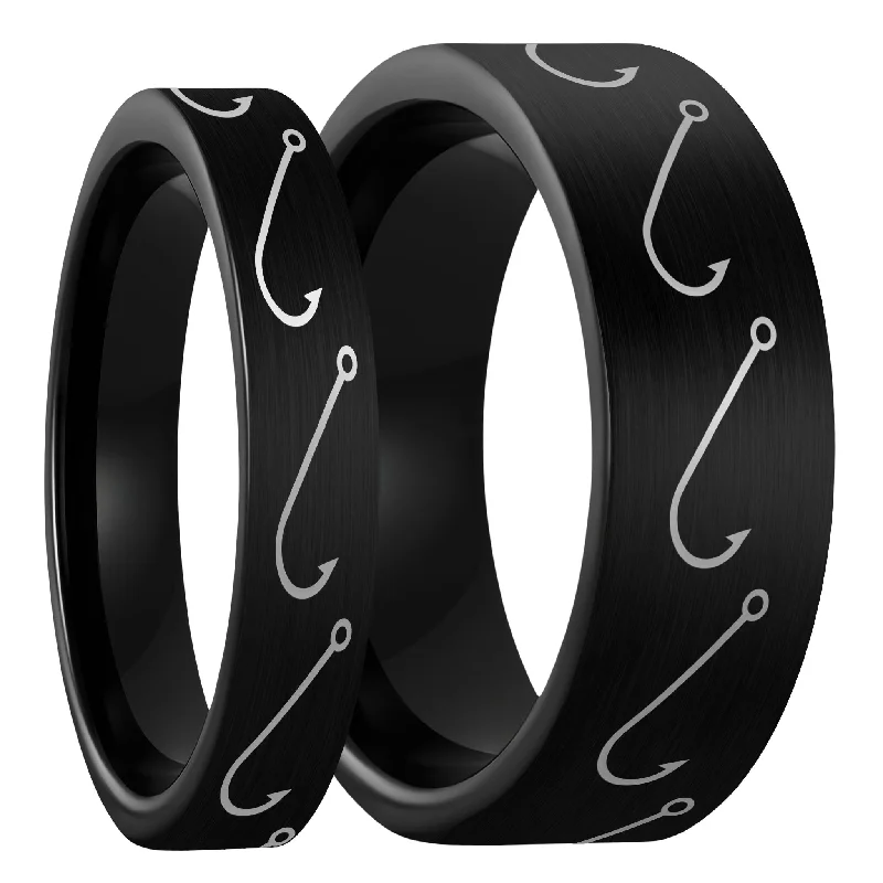 Rings Gleam Rituals-Simple Fishing Hook Brushed Black Tungsten Couple's Matching Wedding Band Set