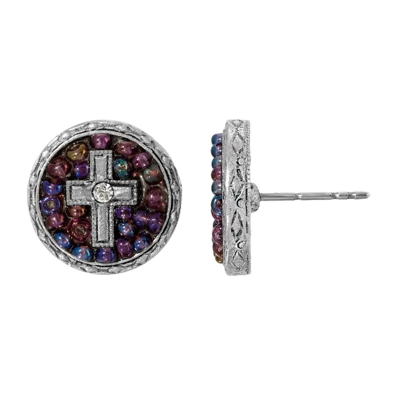 Earrings Fit Test-Symbols Of Faith Purple Seeded Beads Crystal Cross Round Button Earrings