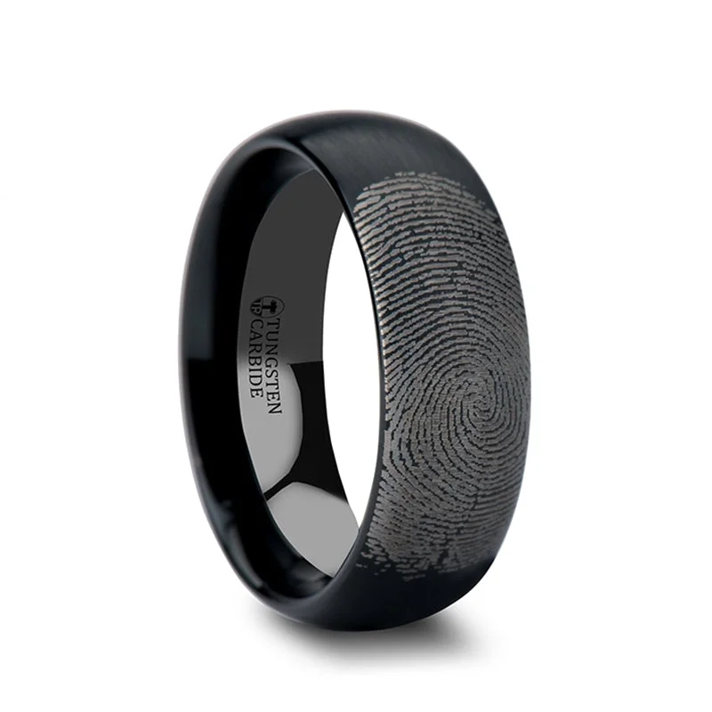 Rings For Chubby Fingers-Custom Fingerprint Engraved Brushed Black Tungsten Domed Men's Ring