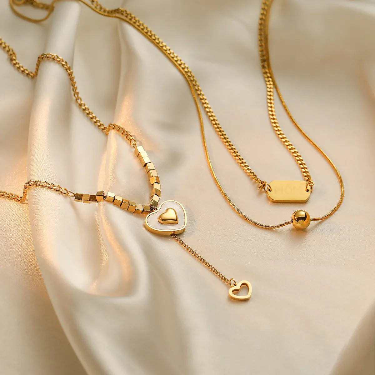 Necklaces For High Shine-Simple Style Commute Heart Shape Titanium Steel Plating Inlay Shell 18k Gold Plated Layered Necklaces