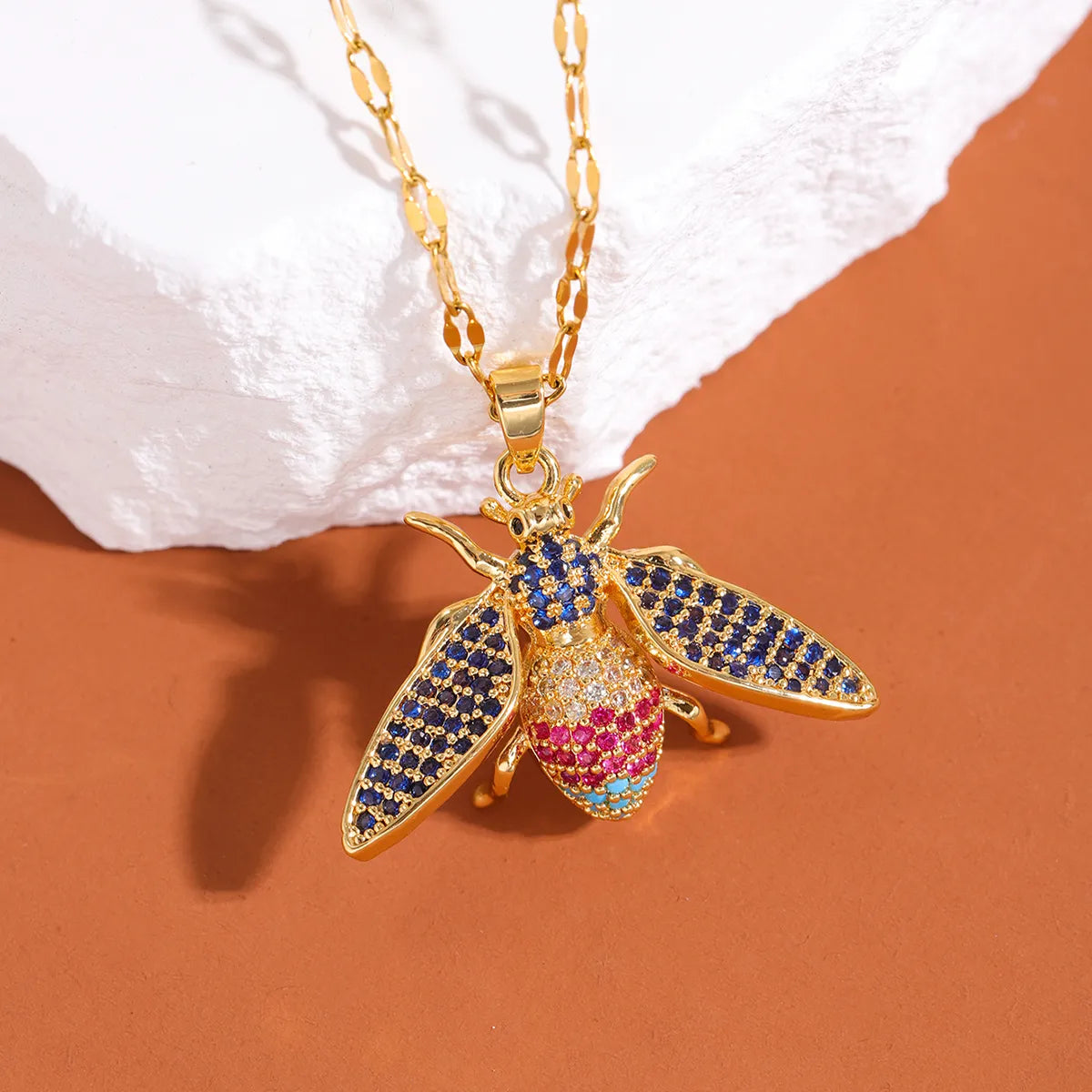 Necklaces For Wee Ones-Wholesale Cute Animal Insect 304 Stainless Steel Copper Inlay 18K Gold Plated Zircon Pendant Necklace