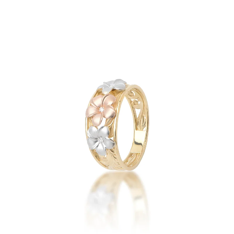 Rings For Whispered Sparkle-Hawaiian Heirloom Plumeria Ring in Tri Color Gold with Diamonds - 8mm