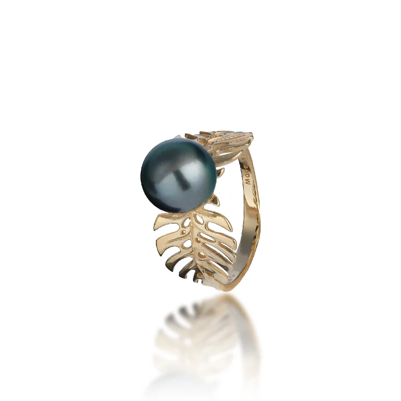 Rings Worth Insights-Monstera Tahitian Black Pearl Ring in Gold - 8-9mm