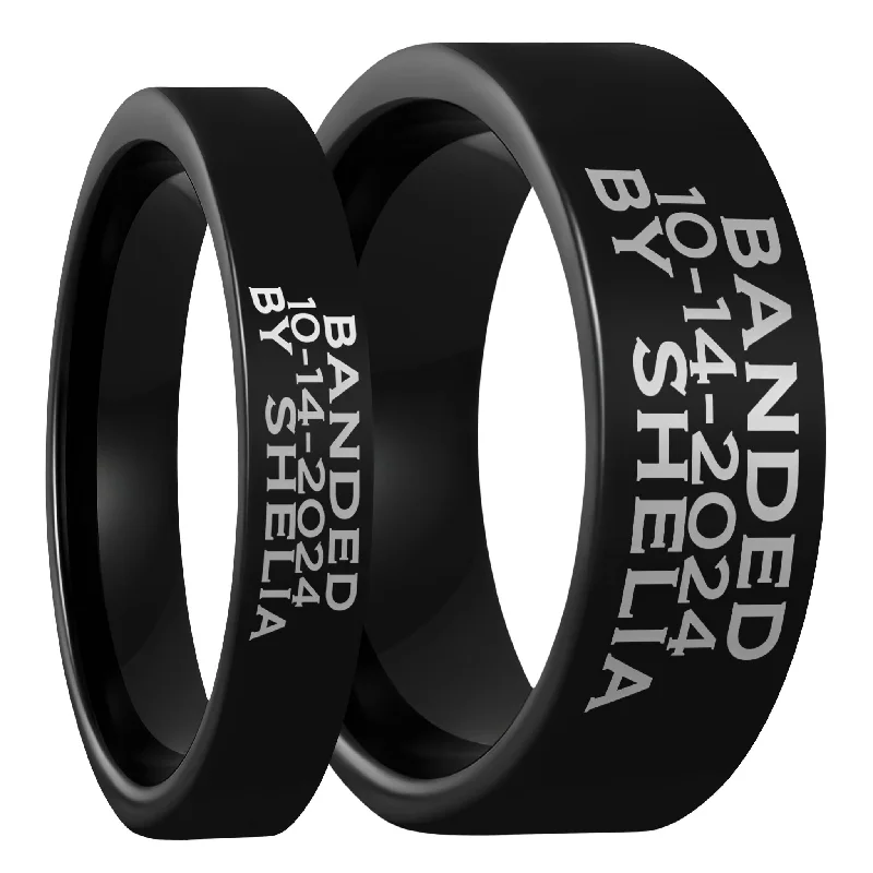 Lasting Spark Rings-Duck Band Custom Engraved Black Tungsten Couple's Matching Ring Set