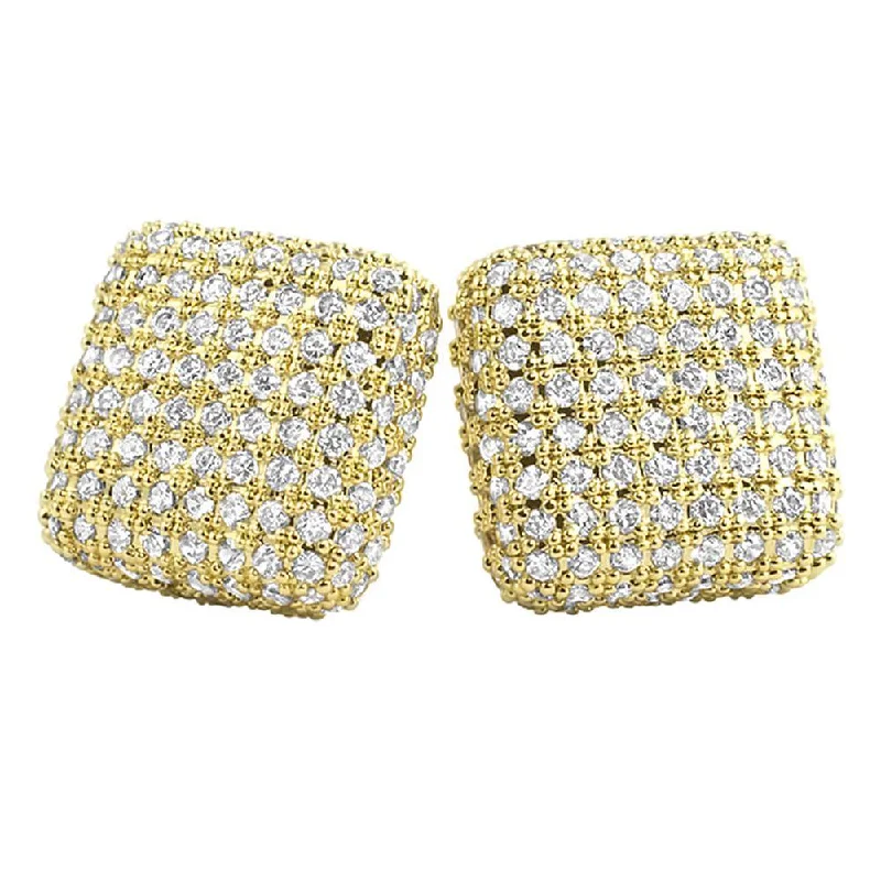 Earrings With Raw Gems-XL Rounded 3D Box Gold Micro Pave Bling Earrings