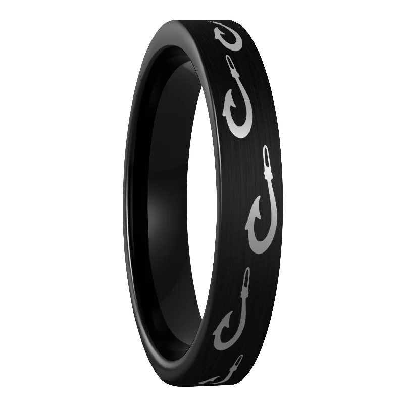 Best Dense Rings-Polynesian Fishing Hook Brushed Black Tungsten Women's Wedding Band