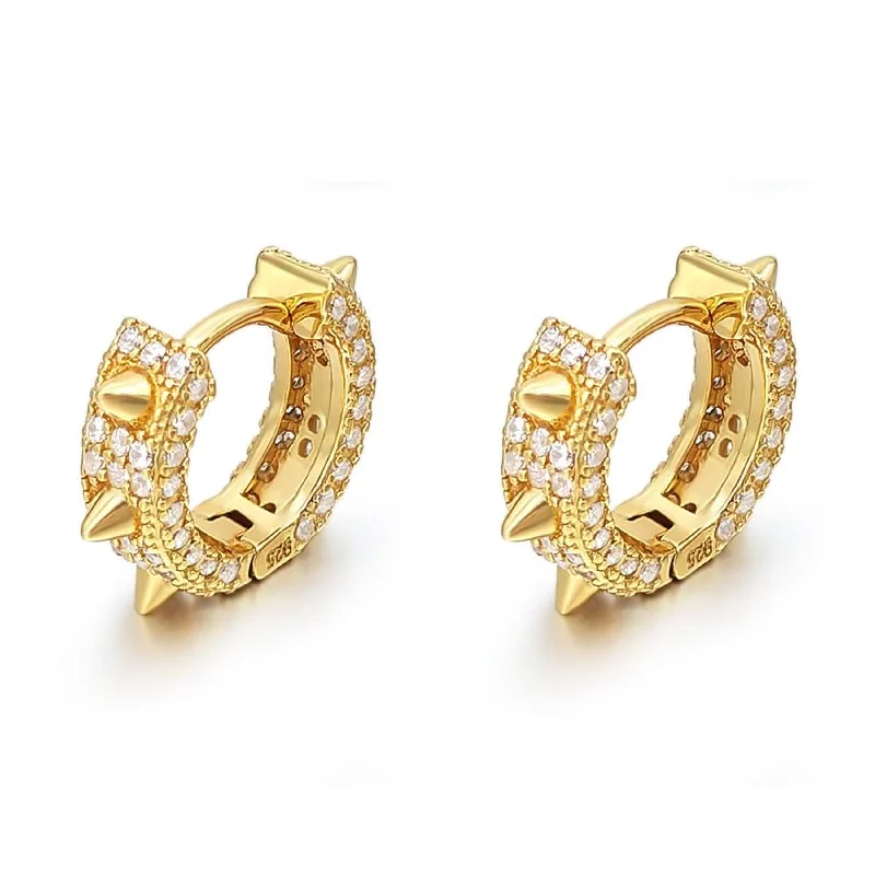 Earrings For Healed Holes-3D Spiked CZ Huggie Hoop CZ Iced Out Earrings .925 Silver