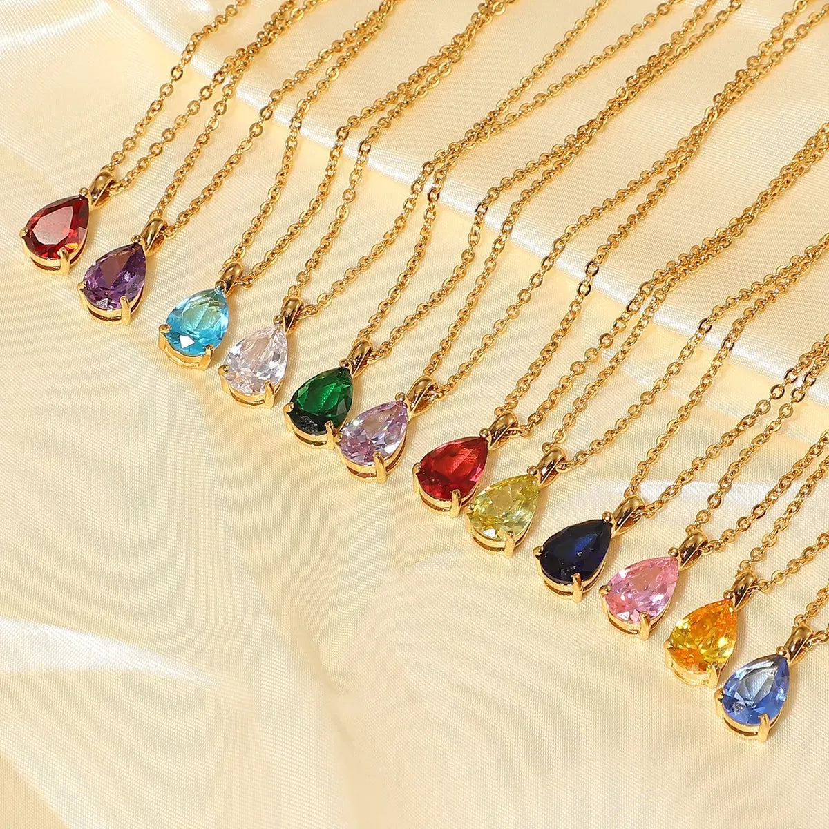 Necklaces For Elders-Simple 18k Gold-plated Color Zircon Stainless Steel Drop-shaped Pendant Necklace