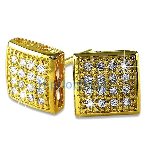 Earrings Hold Tips-32 Stones Puffed Box Gold Vermeil CZ Micro Pave Earrings .925 Silver